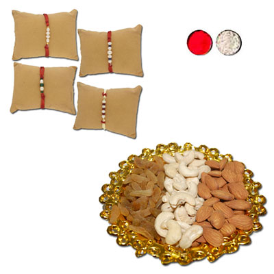 "Glimmering Pearl Rakhi Combo - JPRAK-23-09 (4 Rakhis), Dryfruit Thali - Code RD500 - Click here to View more details about this Product